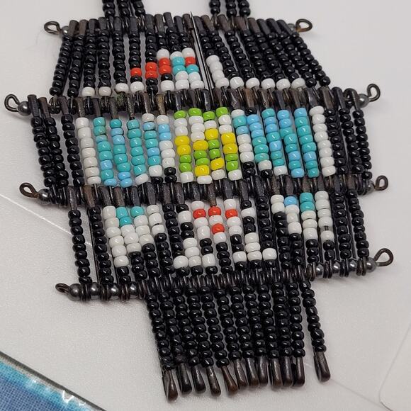 Boho Luxe Thunderbird Necklace Black Bead Safety Pin Vintage Tribal Statement - Picture 3 of 9